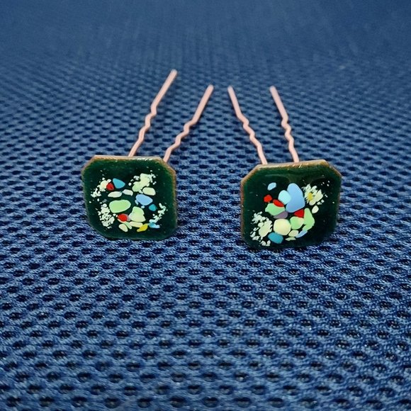 Two green enamel on copper Vintage Hair Pins - Picture 1 of 4